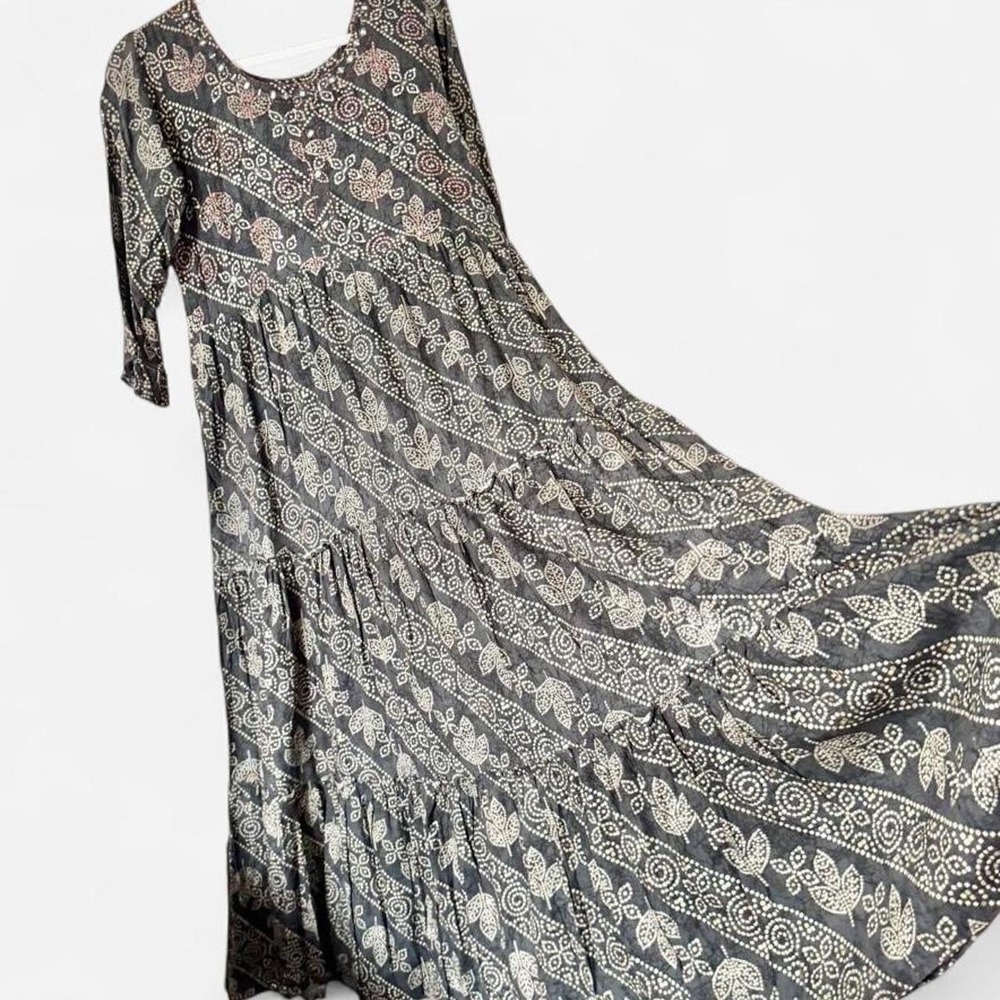 Indian cotton maxi dress XL gray red embroidery gold mirror boho pattern - Picture 3 of 8